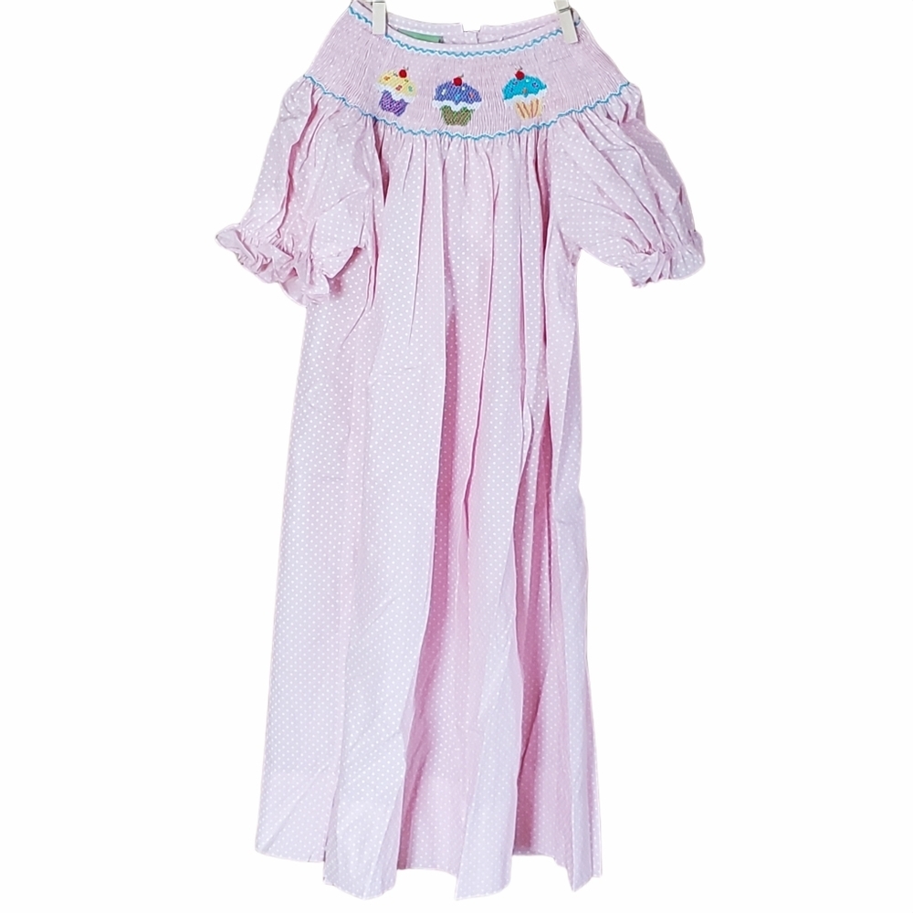 Classic Whimsy Girls Size 5 Pink White Polka Dot Smocked Neck Cupcakes